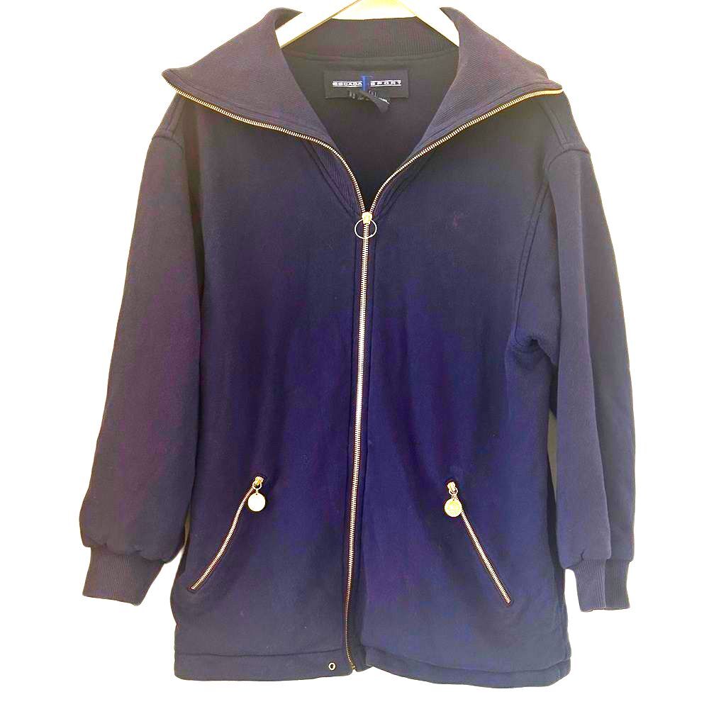 Escada Sweatshort Jacket Womens Small 4 6 Navy Blue Gold Embroidered Preppy